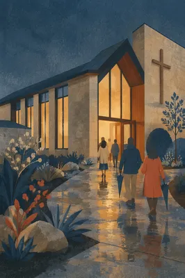 Contemporary Church Exterior at Rainy Blue Hour