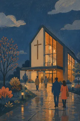 Modern Church Exterior at Rainy Blue Hour