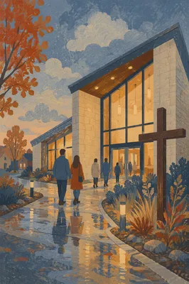 Welcoming Modern Church at Rainy Dusk