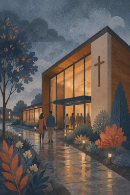 Modern Church Exterior After Evening Rain