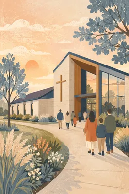 Modern Church Exterior at Peaceful Sunrise