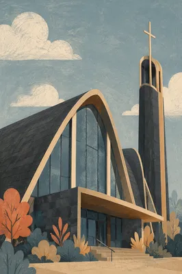 Modern Church Exterior with Bell Tower