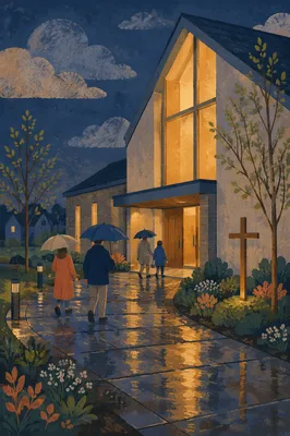 Modern Church Exterior After Spring Rain