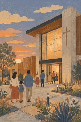Modern Church Exterior at Golden Evening