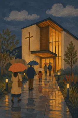Modern Church Exterior at Rainy Blue Hour