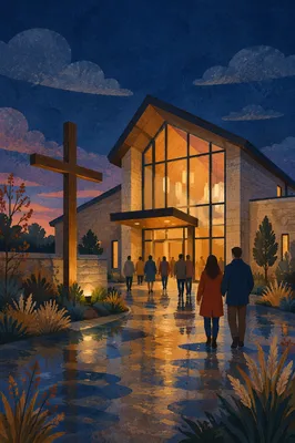 Modern Church Exterior at Rainy Blue Hour