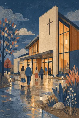 Modern Church Exterior at Rainy Blue Hour