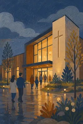 Welcoming Modern Church Exterior at Blue Hour