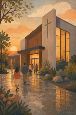 Modern Church Exterior in Golden Evening Light