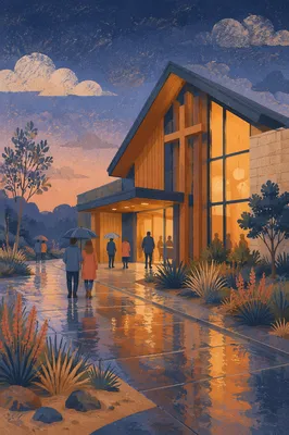Modern Church Entrance After Evening Rain