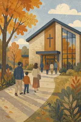 Modern Church Exterior in Autumn Morning Light