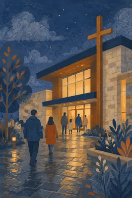 Modern Church Entrance After Evening Rain