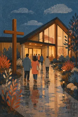 Modern Church Exterior at Rainy Blue Hour