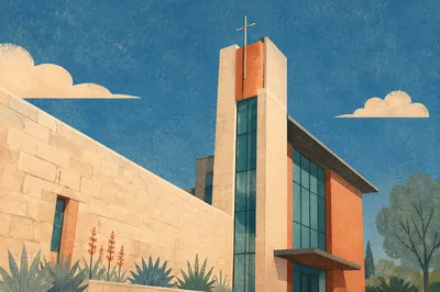 Modern Church Exterior with Tower Cross