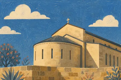 Modern Limestone Church Under Deep Blue Sky