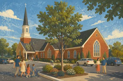 Modern Brick Church Exterior in Summer Light