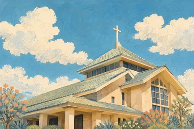 Modern Church Exterior Beneath Hopeful Blue Sky