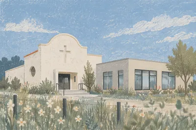 Modern Minimalist Church Exterior with Meadow