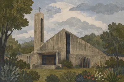 Modern Brutalist Church Exterior in Quiet Neighborhood