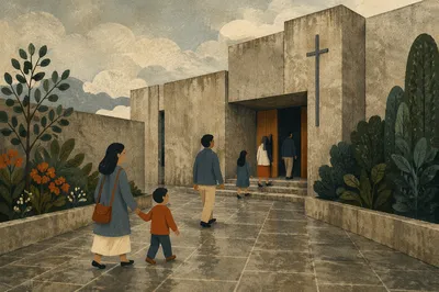 Modern Church Courtyard with Brutalist Entrance