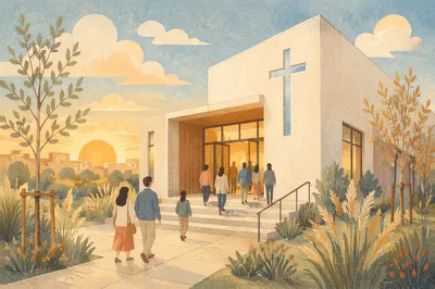 Modern Church Exterior at Sunrise Welcome
