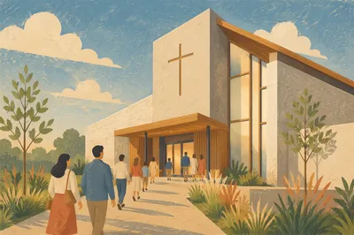 Modern Community Church Exterior at Sunrise