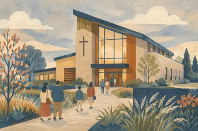 Modern Church Exterior on Quiet Sunday