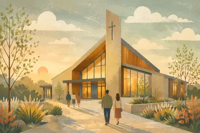 Modern Church Exterior at Peaceful Sunrise