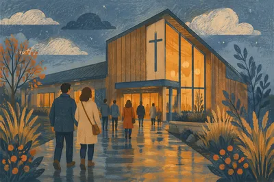 Modern Church Exterior at Rainy Blue Hour
