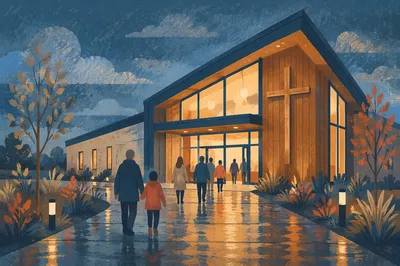 Modern Church Entrance at Rainy Blue Hour