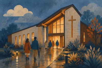 Modern Church Exterior at Rainy Blue Hour