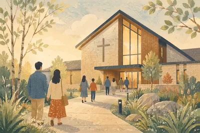 Modern Church Exterior on Peaceful Sunday Morning
