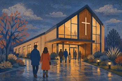 Modern Church Exterior at Rainy Blue Hour