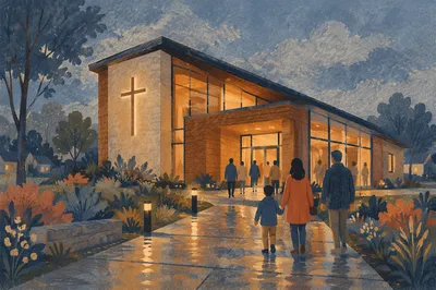 Modern Church Exterior After Evening Rain