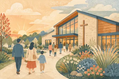 Welcoming Modern Church Exterior at Sunrise