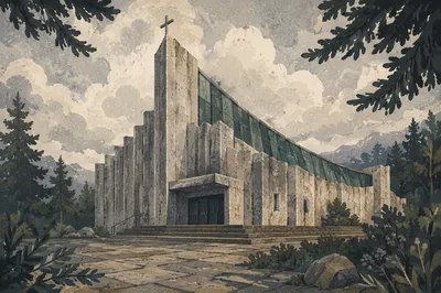 Modern Concrete Church in Quiet Woods