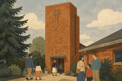 Modern Brick Church Tower with Cross