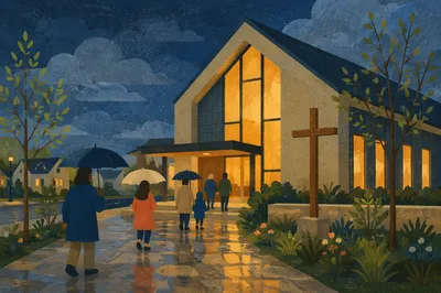 Modern Church Exterior After Spring Rain