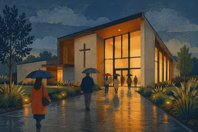 Modern Church Exterior at Rainy Blue Hour