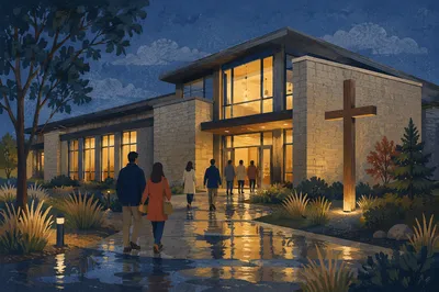 Modern Church Exterior at Rainy Blue Hour