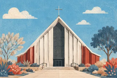 Modern Church Exterior Under Turquoise Sky