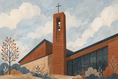 Modern Church Exterior with Wooden Bell Tower