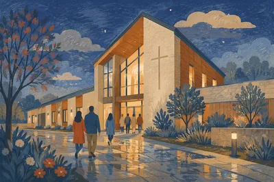 Modern Church Entrance After Evening Rain