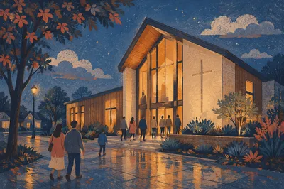 Modern Church Exterior at Peaceful Blue Hour