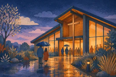Modern Church Exterior After Evening Rain