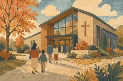 Modern Church Exterior in Autumn Morning Light