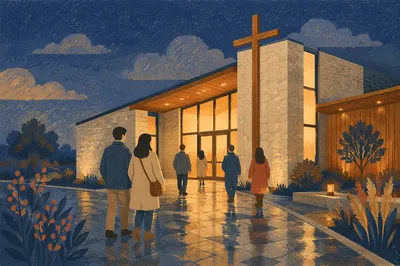 Modern Church Entrance After Evening Rain