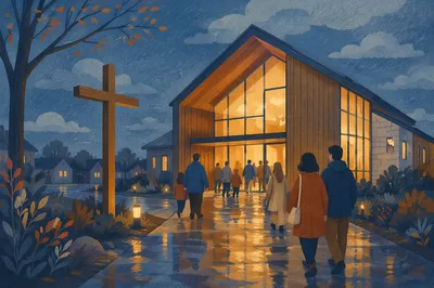 Modern Church Exterior at Rainy Blue Hour