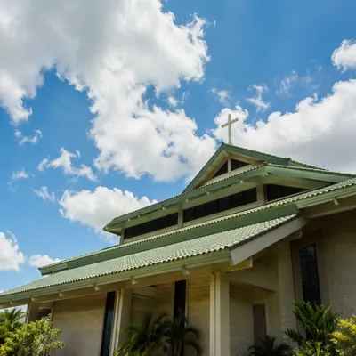 Modern Church Exterior Beneath Hopeful Sky