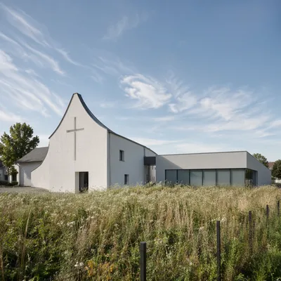 Modern Minimalist Church Exterior in Meadow